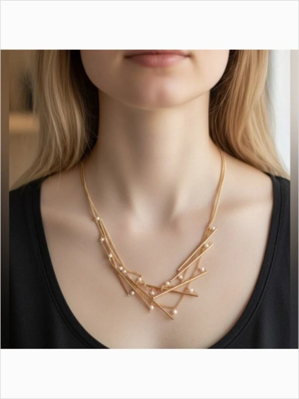Stunning Gold Tone Ladder Necklace with Faux Pearl Accents